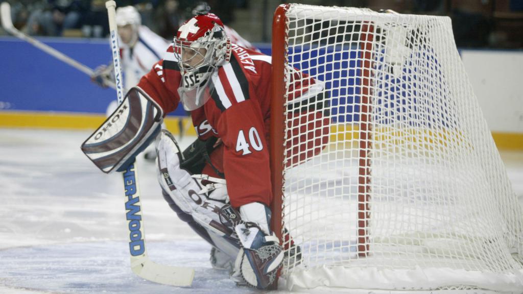 Colorado Avalanche goaltender David Aebischer from Switzerland